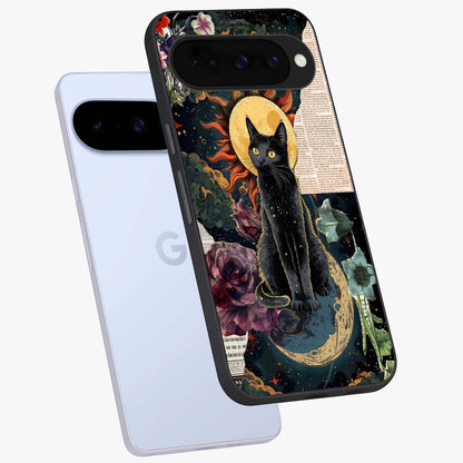 Celestial Black Cat Glass Case displayed in angled mockup highlighting cosmic black cat design with celestial aesthetic.