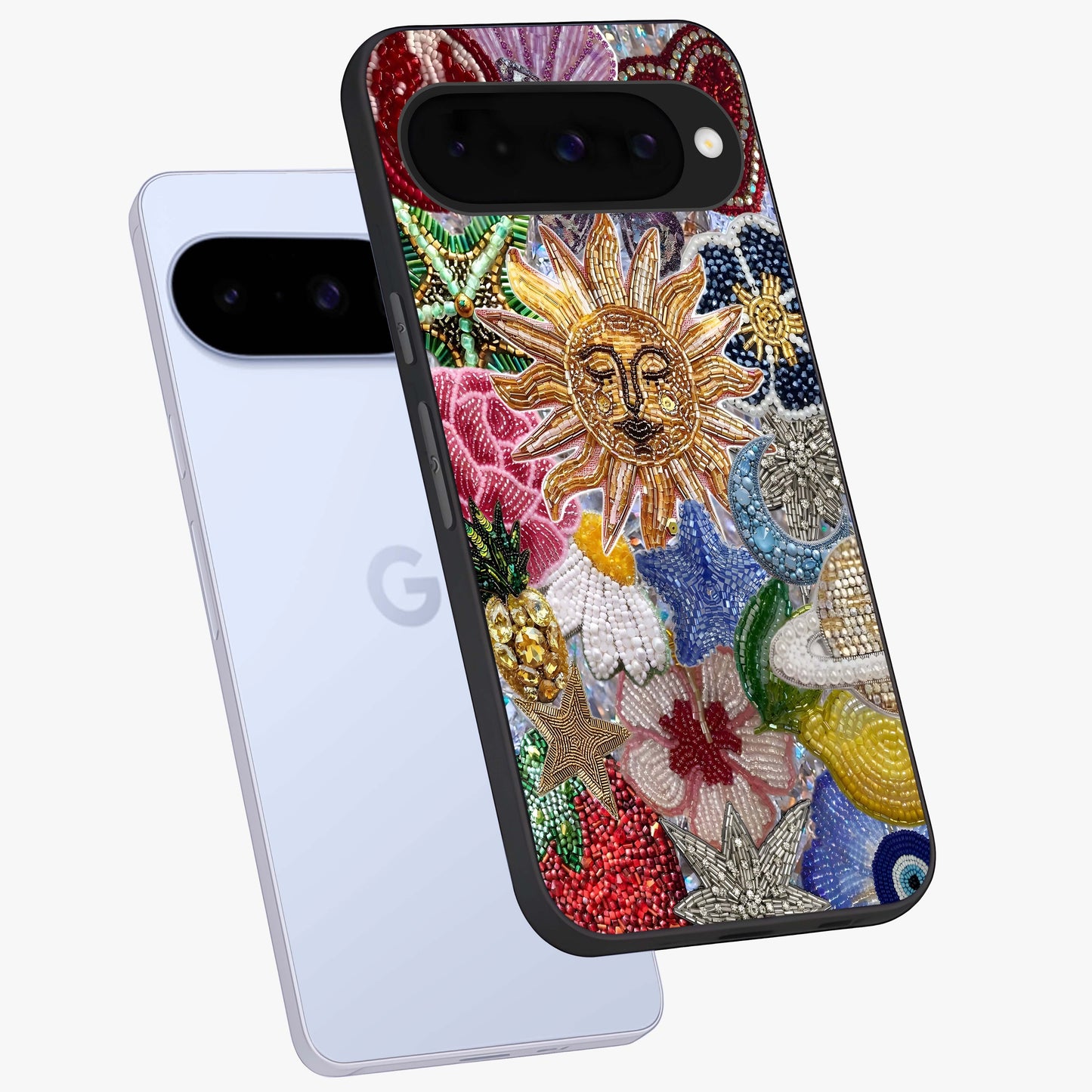 Celestial Floral and Playful Glass Case displayed in angled mockup highlighting playful floral design with dreamy celestial elements.