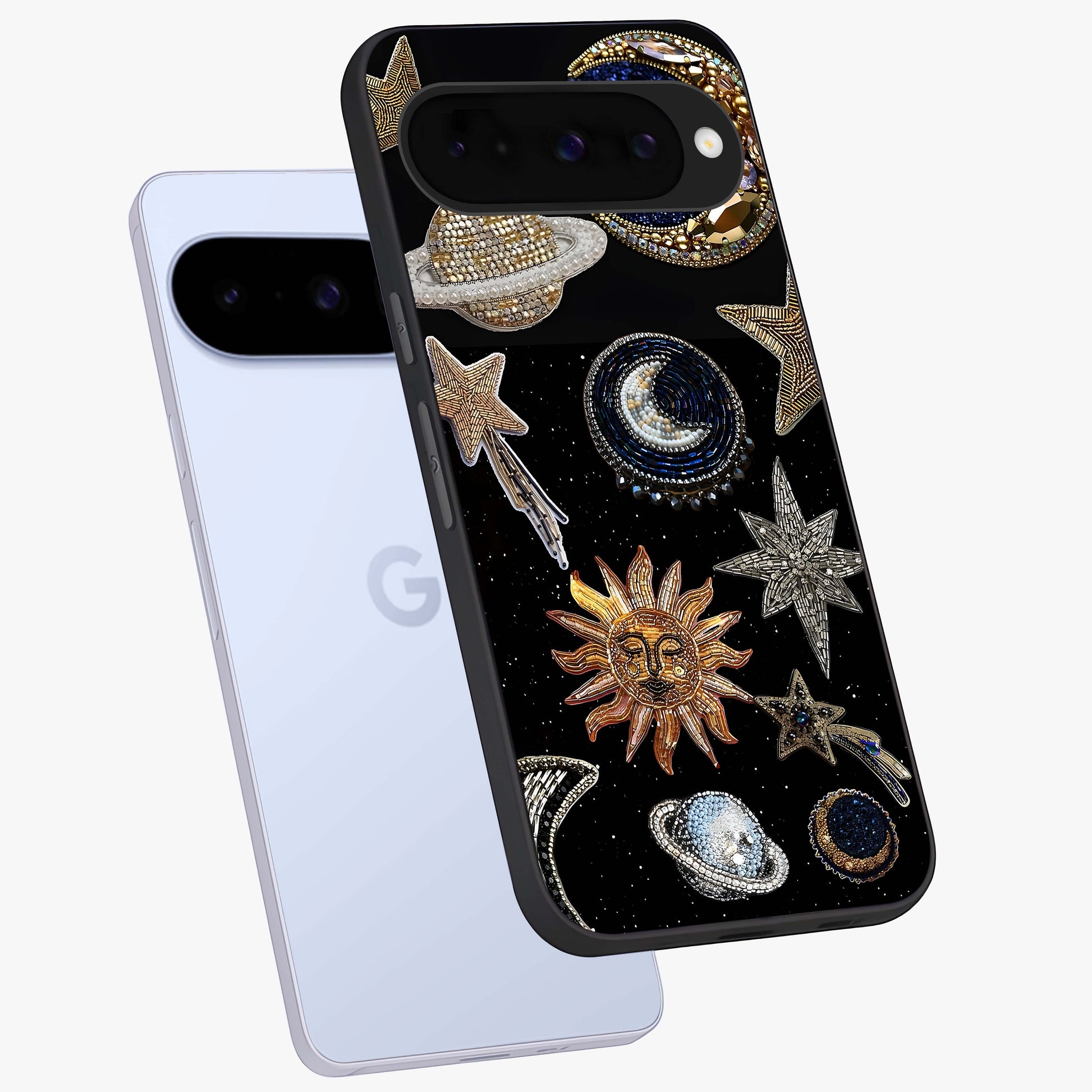Celestial Gem Constellations Glass Case displayed in angled mockup highlighting gemstone inspired constellation design.