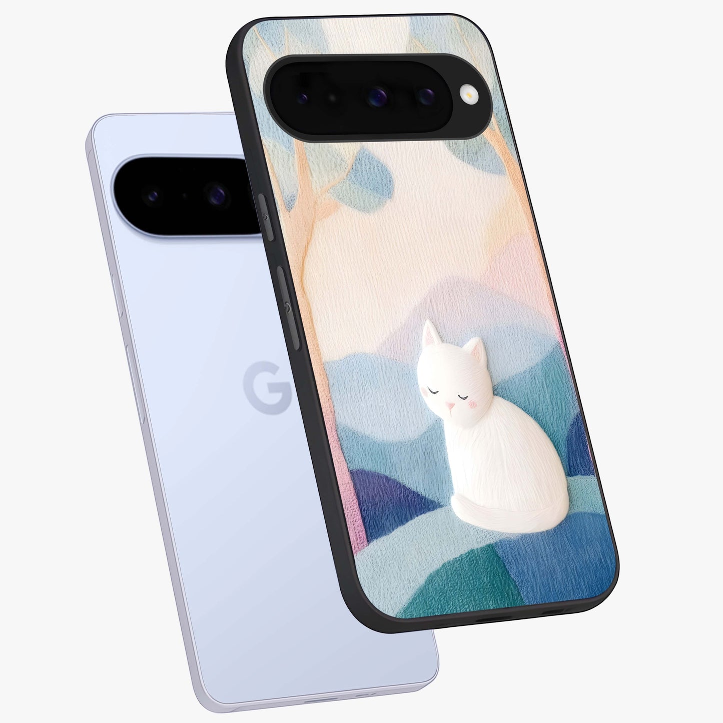 Cotton Dream Cat Glass Case displayed in angled mockup highlighting cute feline illustration with pastel aesthetic style.