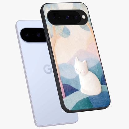 Cotton Dream Cat Glass Case displayed in angled mockup highlighting cute feline illustration with pastel aesthetic style.