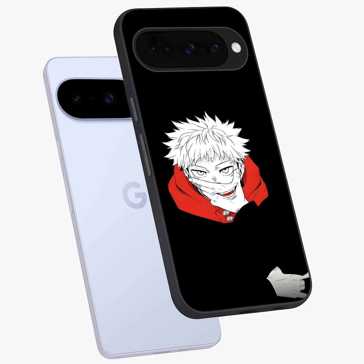 Crimson Chaos Smile Glass Case displayed in angled mockup highlighting edgy crimson smile design with graphic aesthetic.