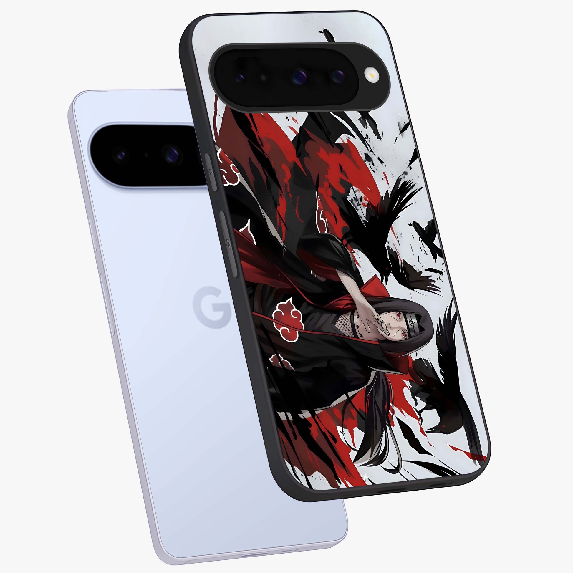 Crimson Crow Illusion Glass Case displayed in angled mockup highlighting mysterious crow graphic with dark aesthetic style.