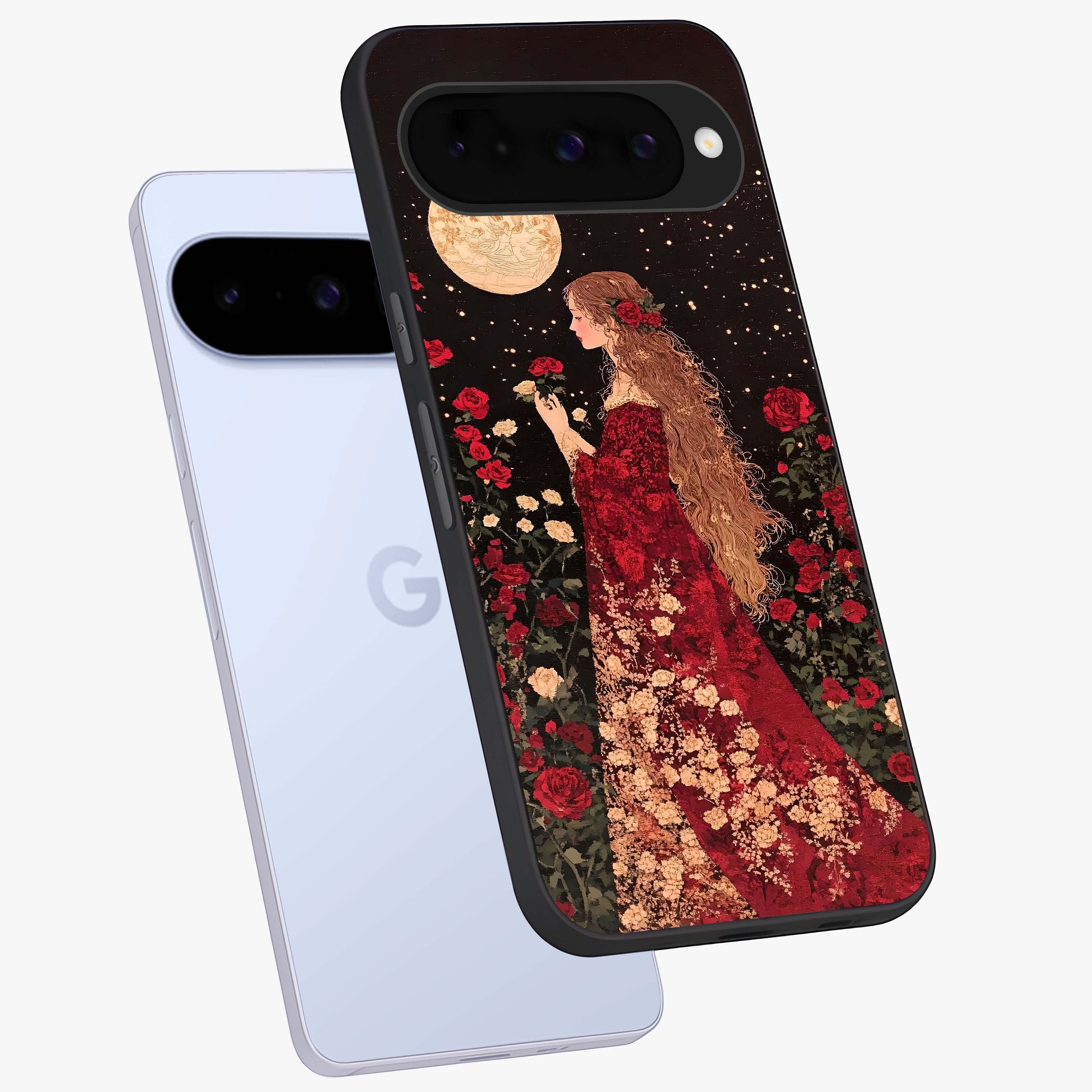 Crimson Dreams Glass Case displayed in angled mockup highlighting soft crimson aesthetic design with artistic theme.