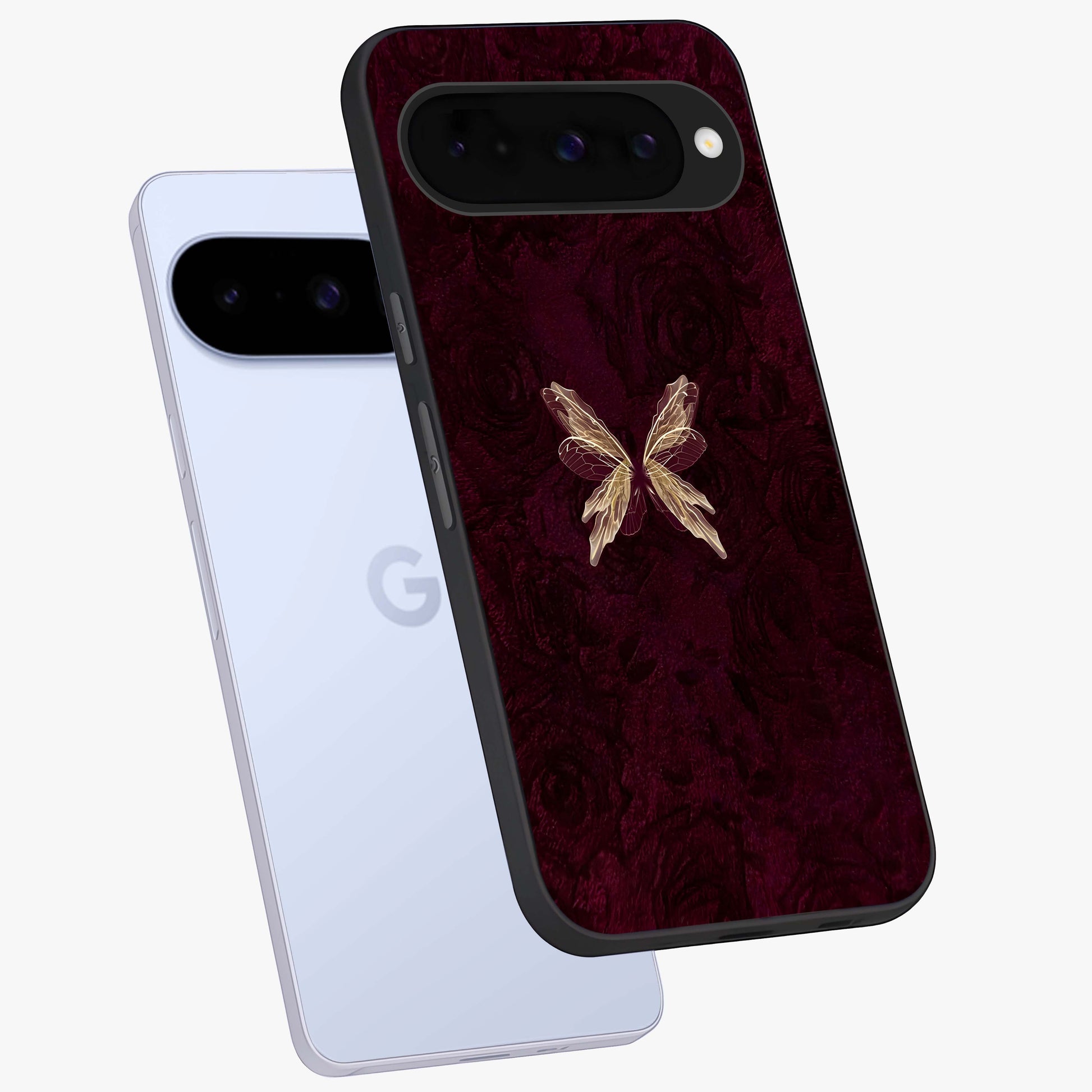 Crimson Fade Butterfly Glass Case displayed in angled mockup highlighting elegant butterfly design with crimson gradient aesthetic.