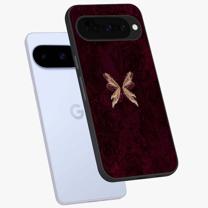 Crimson Fade Butterfly Glass Case displayed in angled mockup highlighting elegant butterfly design with crimson gradient aesthetic.