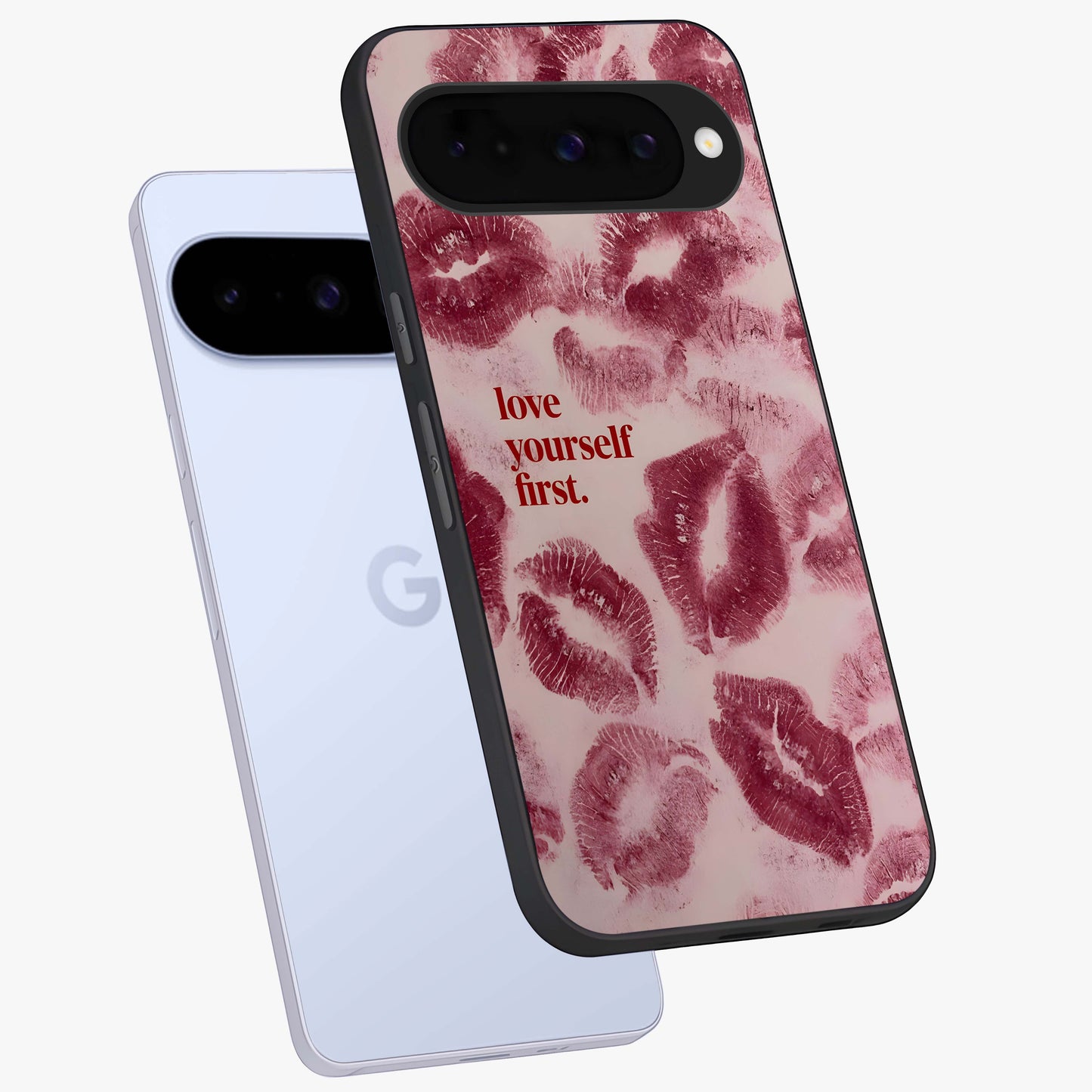 Crimson Kiss Love Glass Case displayed in angled mockup highlighting bold love inspired design with modern aesthetic style.