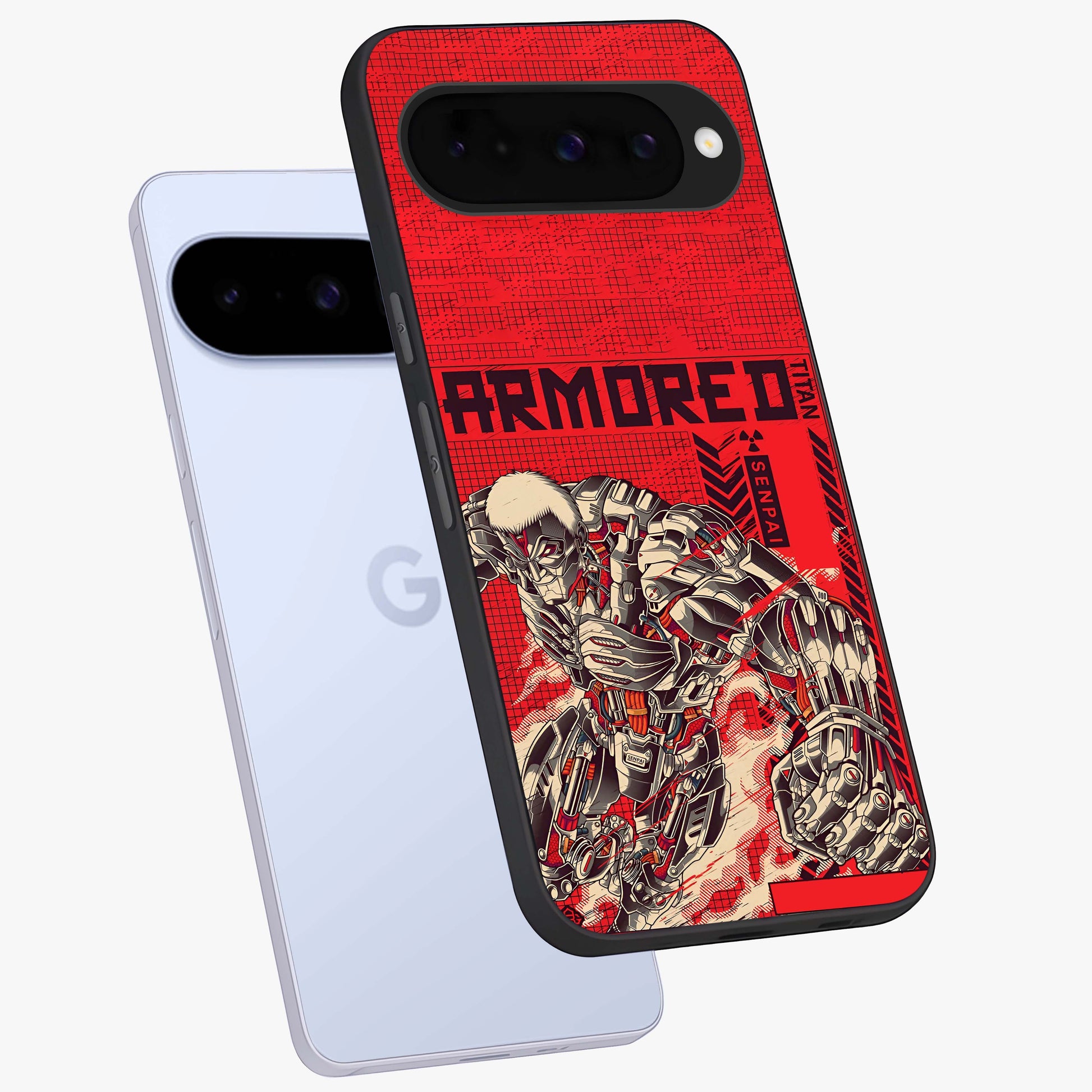 Crimson Mecha Titan Glass Case displayed in angled mockup highlighting futuristic mech illustration with bold crimson aesthetic.