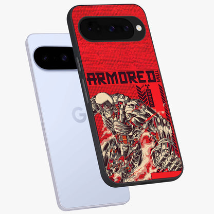 Crimson Mecha Titan Glass Case displayed in angled mockup highlighting futuristic mech illustration with bold crimson aesthetic.