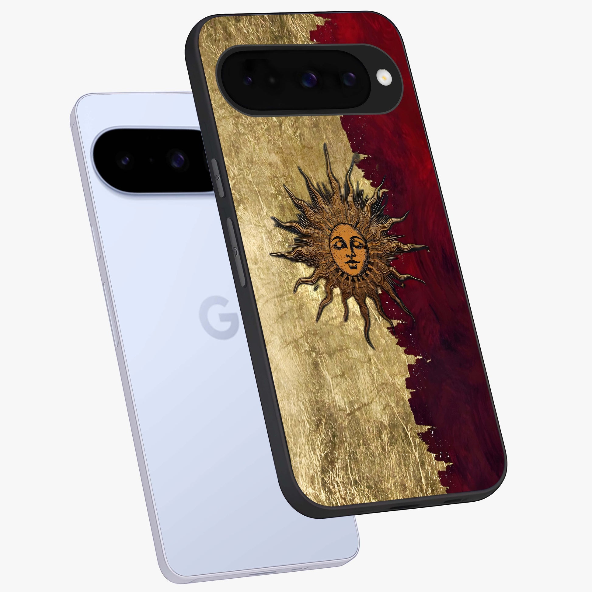Crimson Sun Majesty Glass Case displayed in angled mockup highlighting majestic crimson sun design with bold aesthetic style.