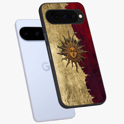 Crimson Sun Majesty Glass Case displayed in angled mockup highlighting majestic crimson sun design with bold aesthetic style.
