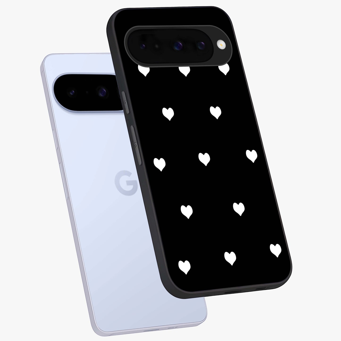 Cute And Simple White Hearts Glass Case displayed in angled mockup highlighting cute heart design with clean aesthetic style.