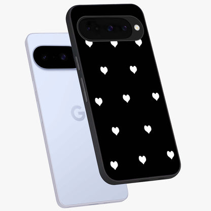 Cute And Simple White Hearts Glass Case displayed in angled mockup highlighting cute heart design with clean aesthetic style.
