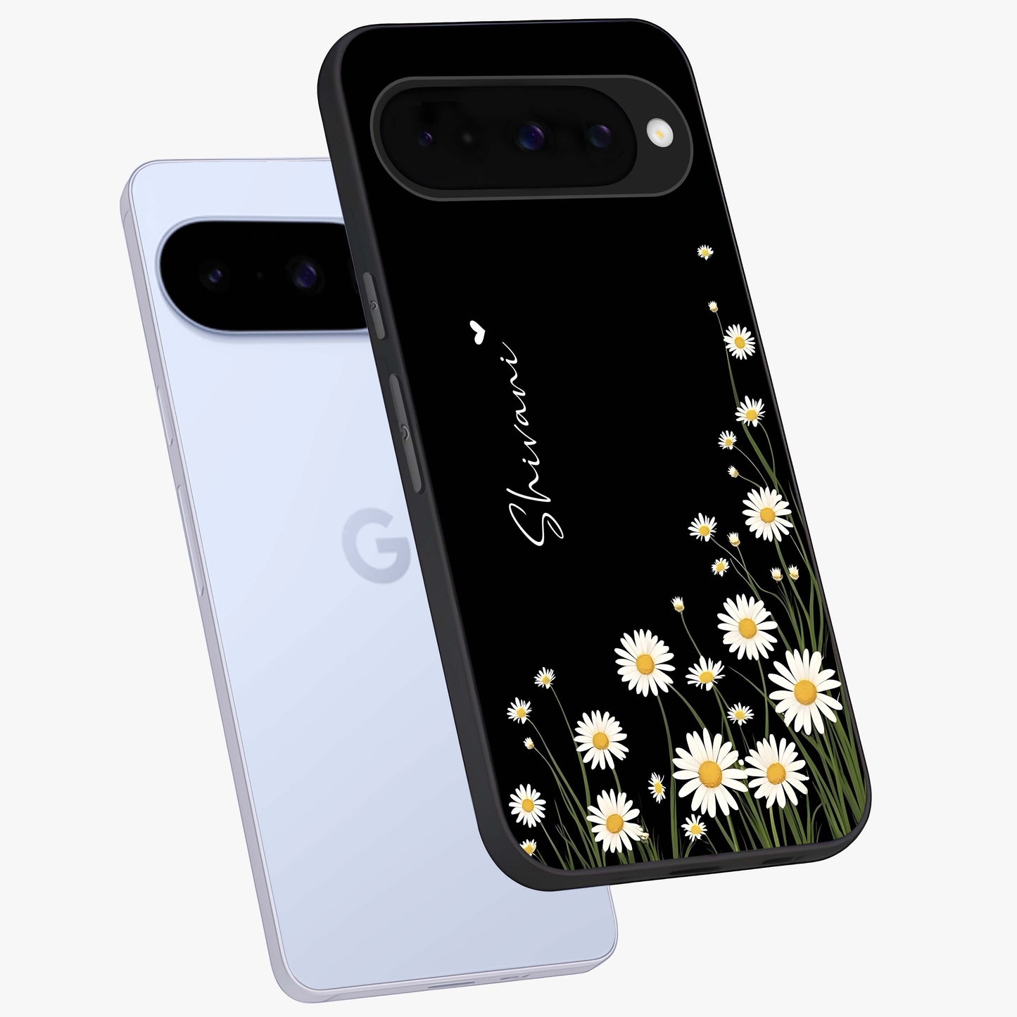 Daisy Cascade Custom Name Glass Case displayed in angled mockup highlighting delicate daisy artwork with custom name feature.
