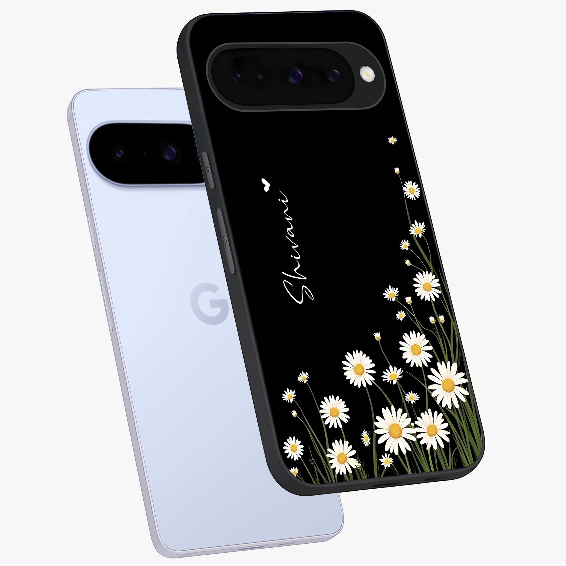 Daisy Cascade Custom Name Glass Case displayed in angled mockup highlighting delicate daisy artwork with custom name feature.