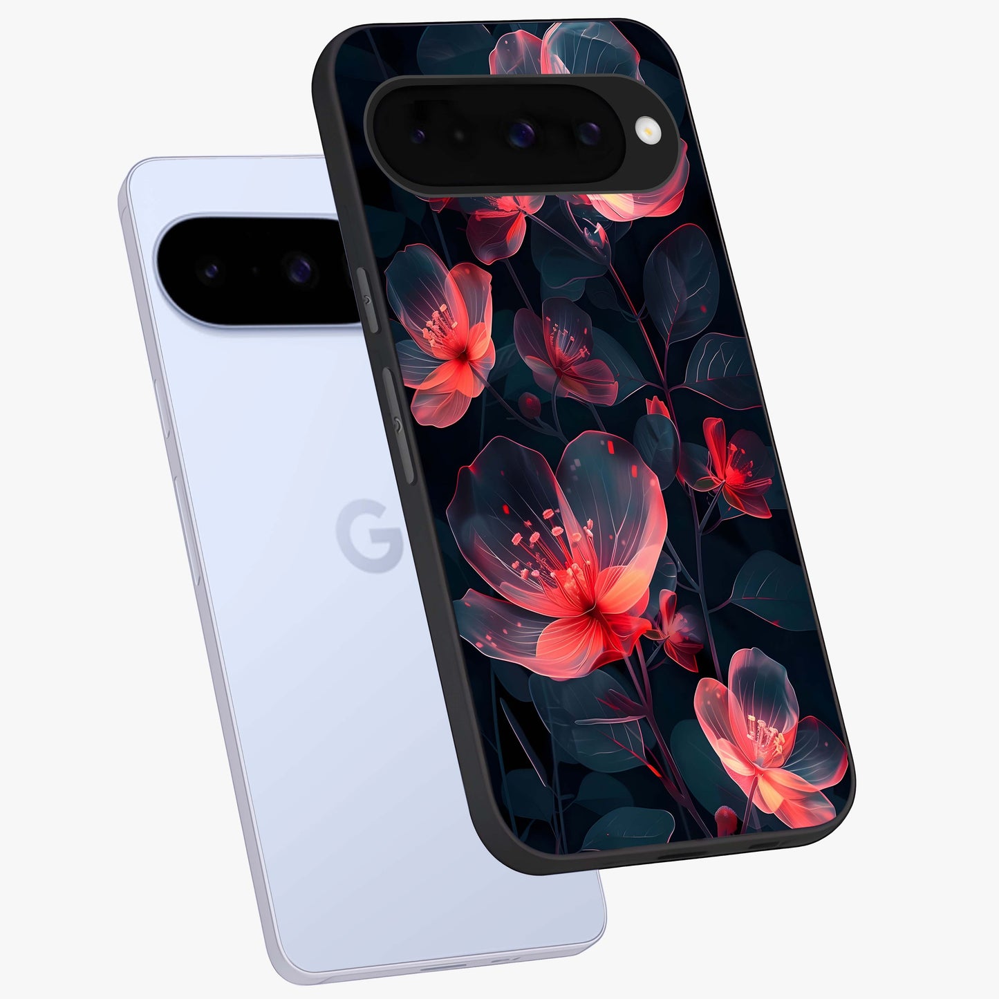 Dark Shade of Flower Glass Case displayed in angled mockup highlighting moody floral illustration with aesthetic dark tones.