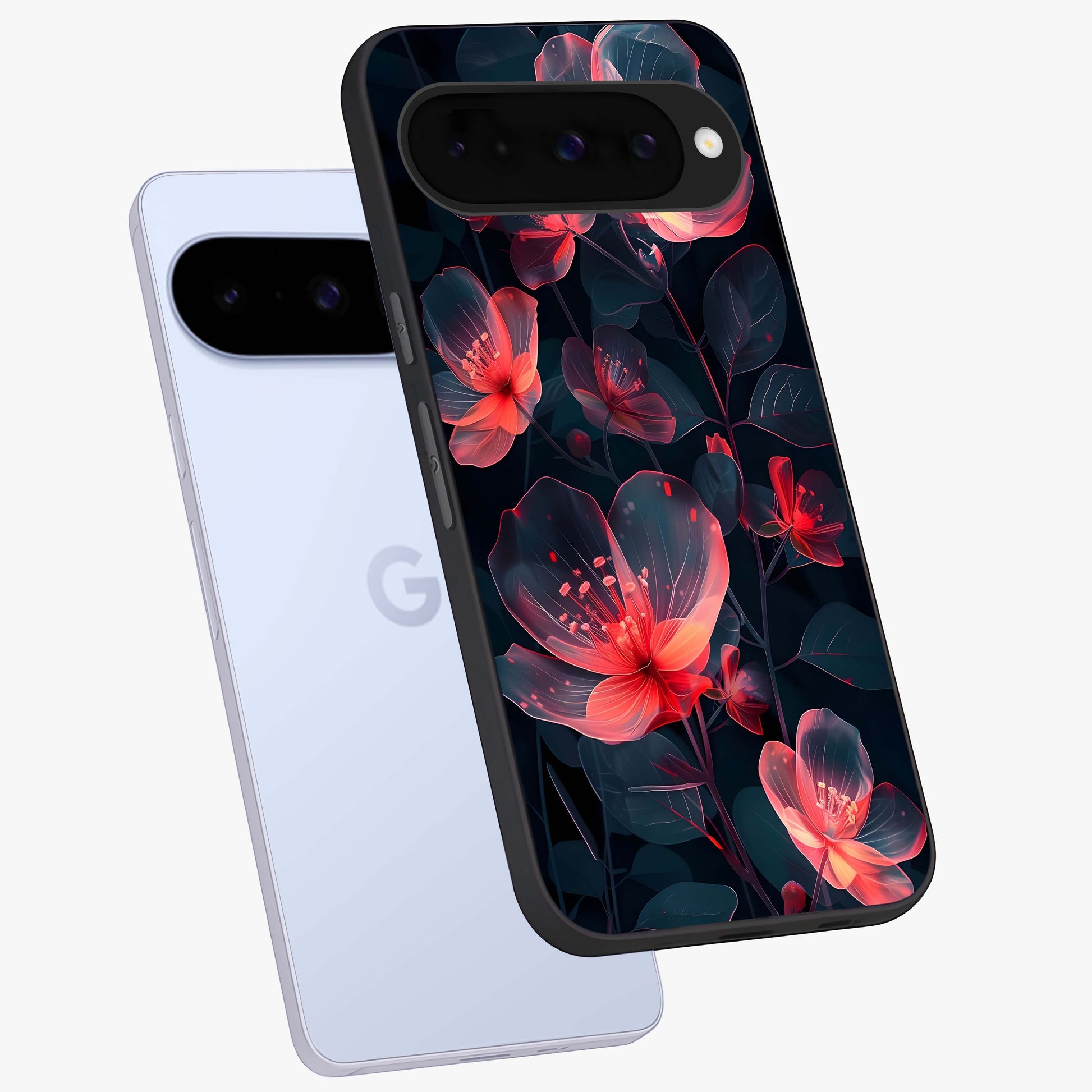 Dark Shade of Flower Glass Case displayed in angled mockup highlighting moody floral illustration with aesthetic dark tones.