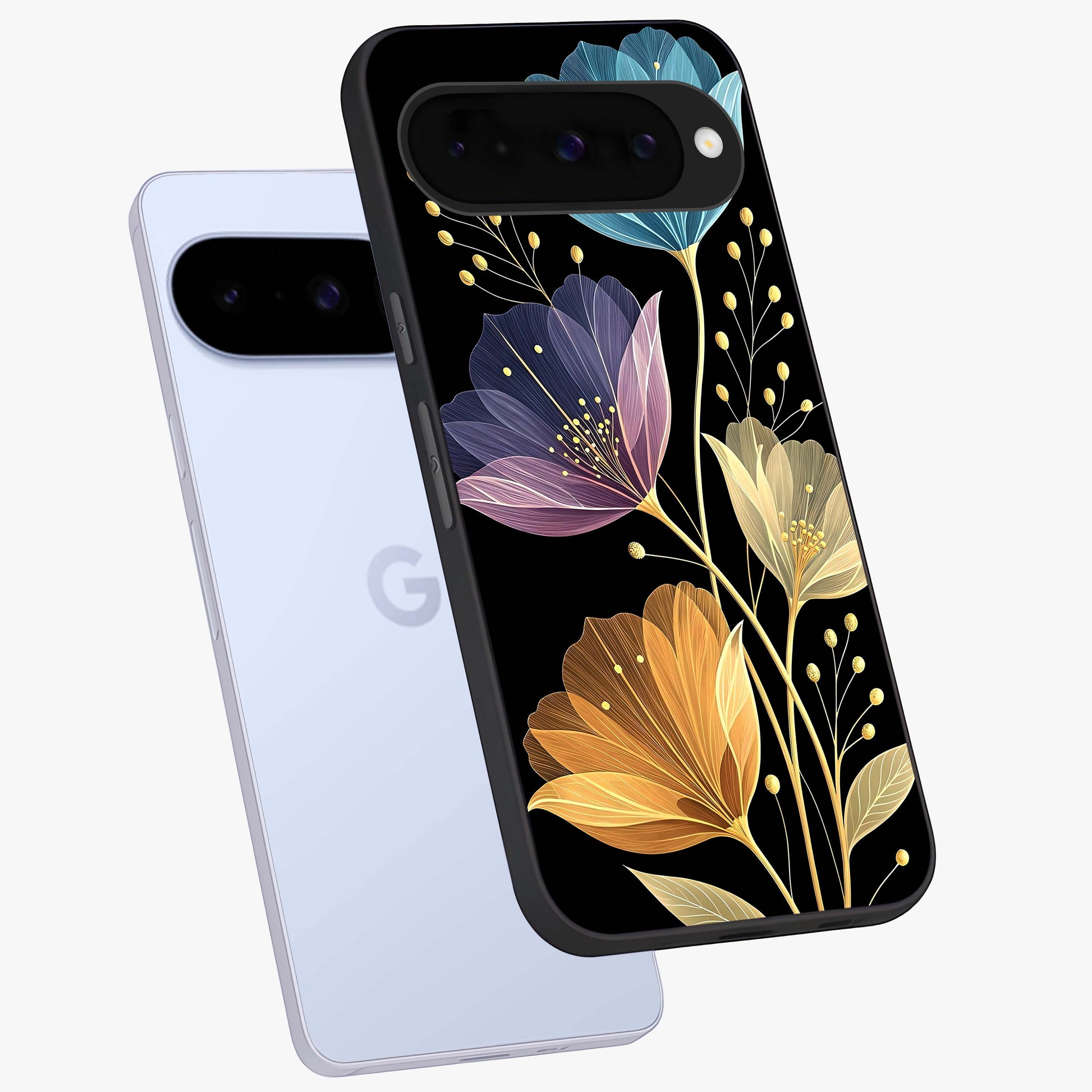 Delicate Multicolor Flowers Glass Case displayed in angled mockup highlighting colorful flower pattern with soft aesthetic style.
