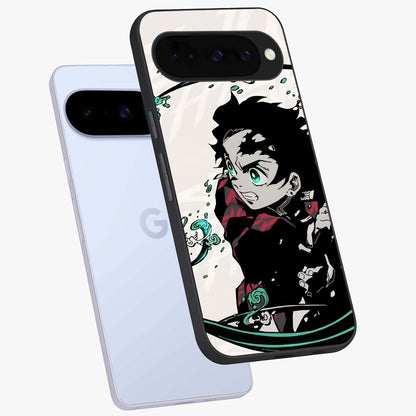 Demon Slayer Glass Case displayed in angled mockup highlighting dramatic anime character design with action aesthetic.