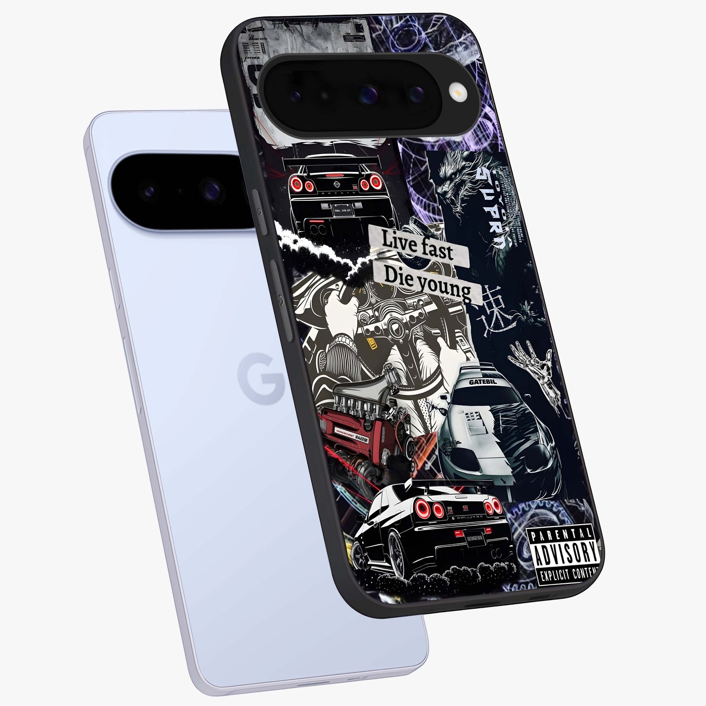 Die Young Glass Case displayed in angled mockup highlighting expressive graphic artwork with edgy aesthetic style.
