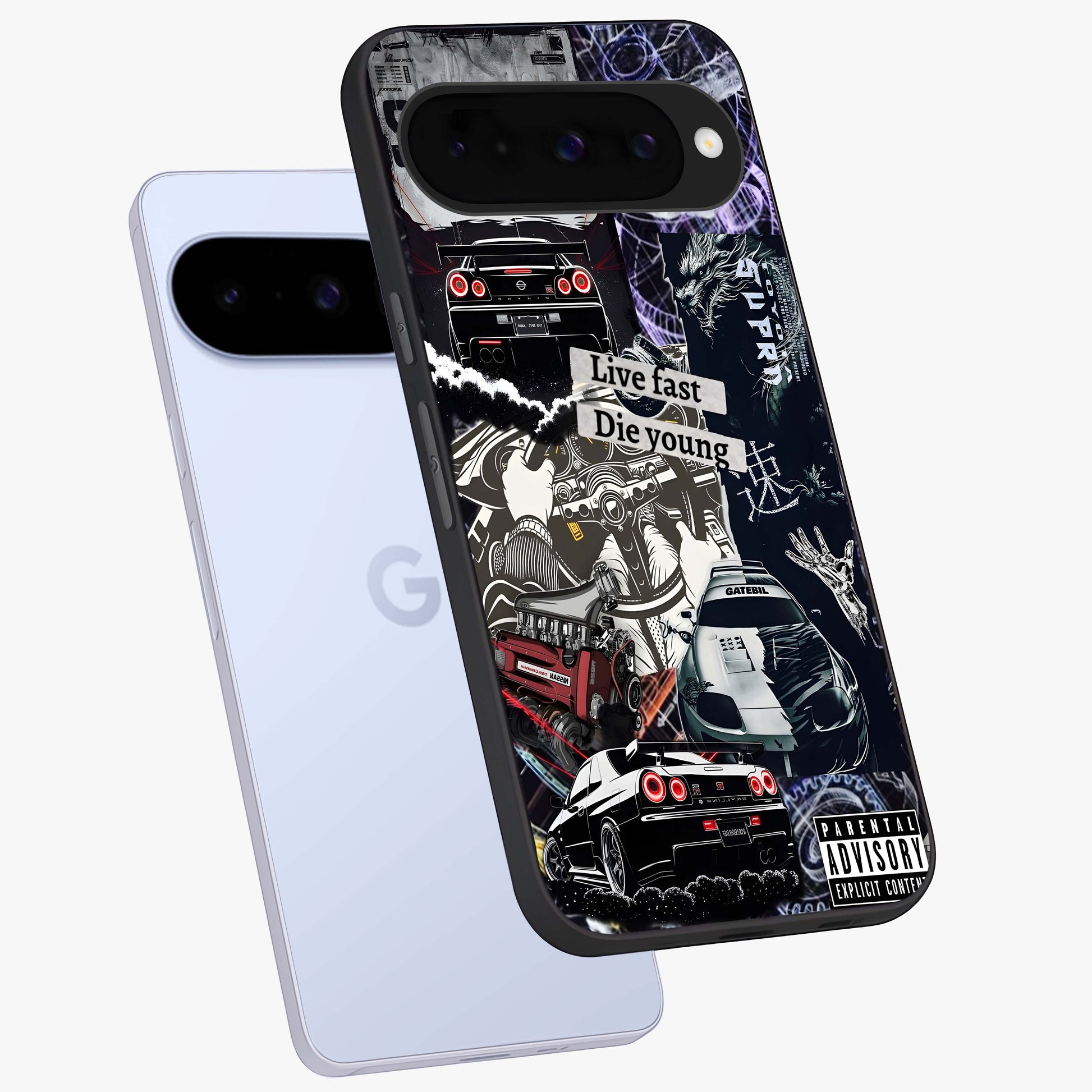 Die Young Glass Case displayed in angled mockup highlighting expressive graphic artwork with edgy aesthetic style.