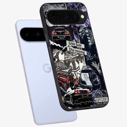 Die Young Glass Case displayed in angled mockup highlighting expressive graphic artwork with edgy aesthetic style.