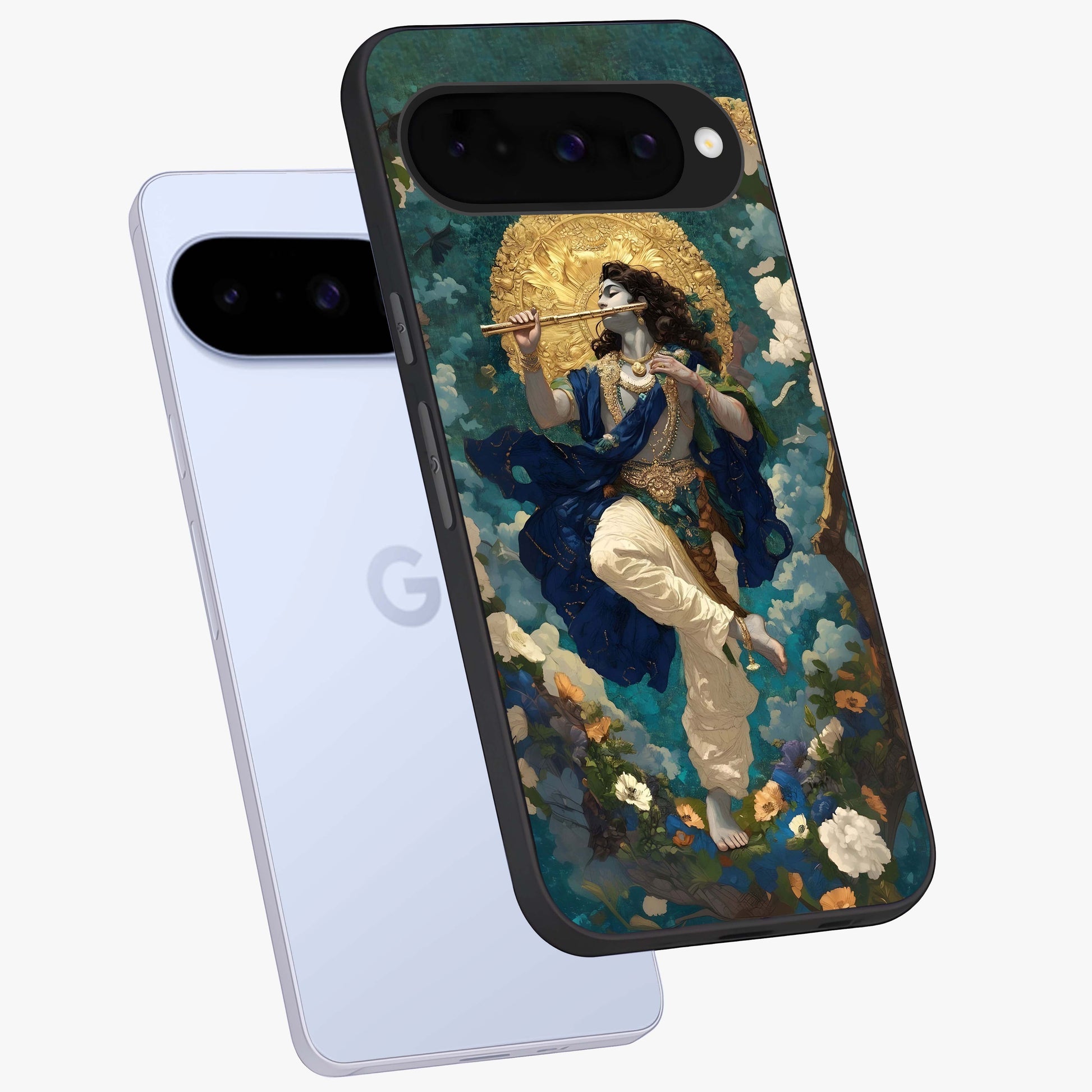 Divine Krishna Art Glass Case displayed in angled mockup highlighting spiritual Krishna illustration with devotional aesthetic.