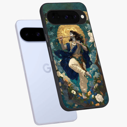 Divine Krishna Art Glass Case displayed in angled mockup highlighting spiritual Krishna illustration with devotional aesthetic.