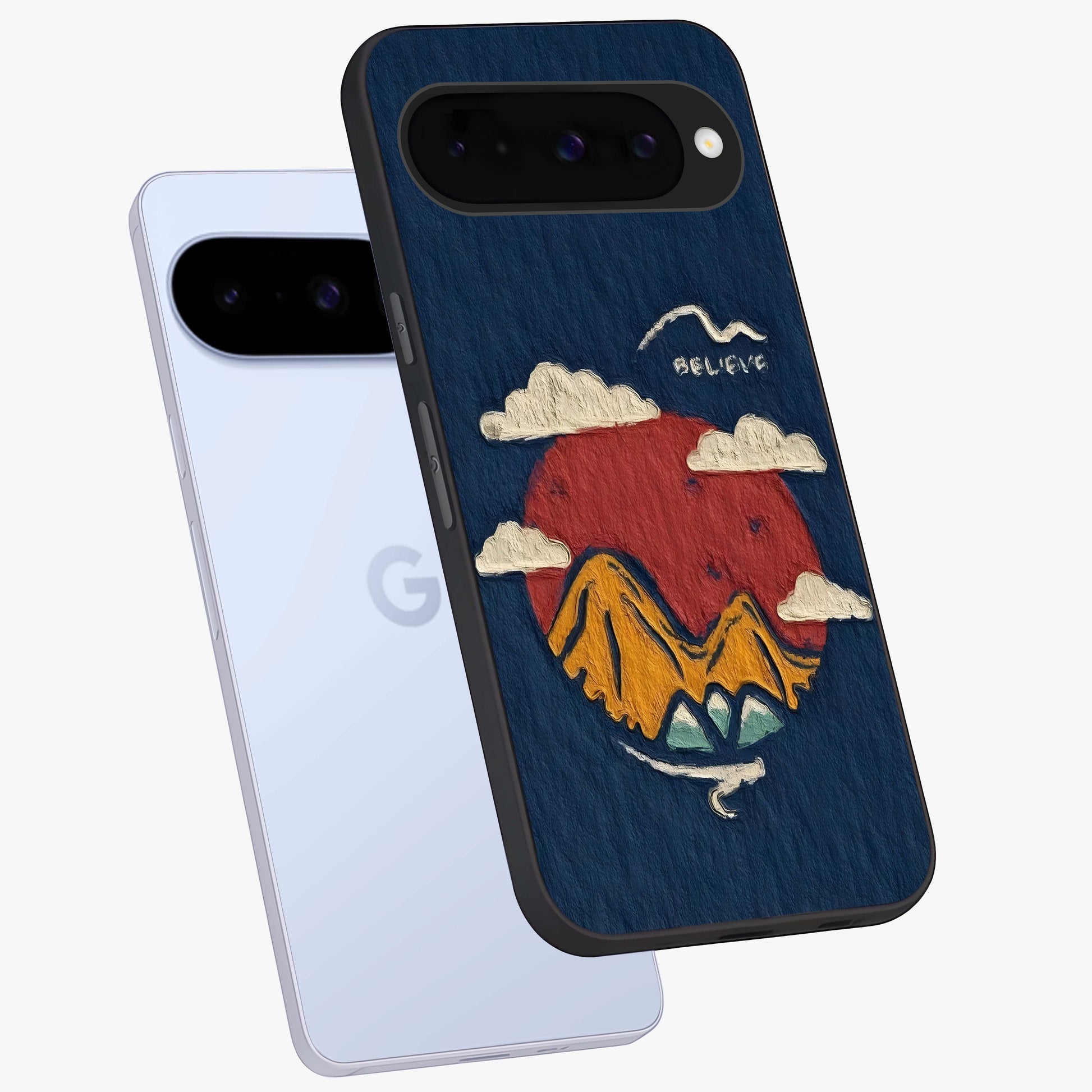 Dream Beyond Mountains Glass Case displayed in angled mockup highlighting dreamy mountain illustration with peaceful aesthetic.