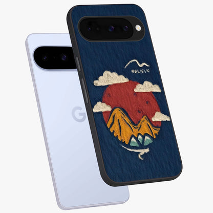 Dream Beyond Mountains Glass Case displayed in angled mockup highlighting dreamy mountain illustration with peaceful aesthetic.