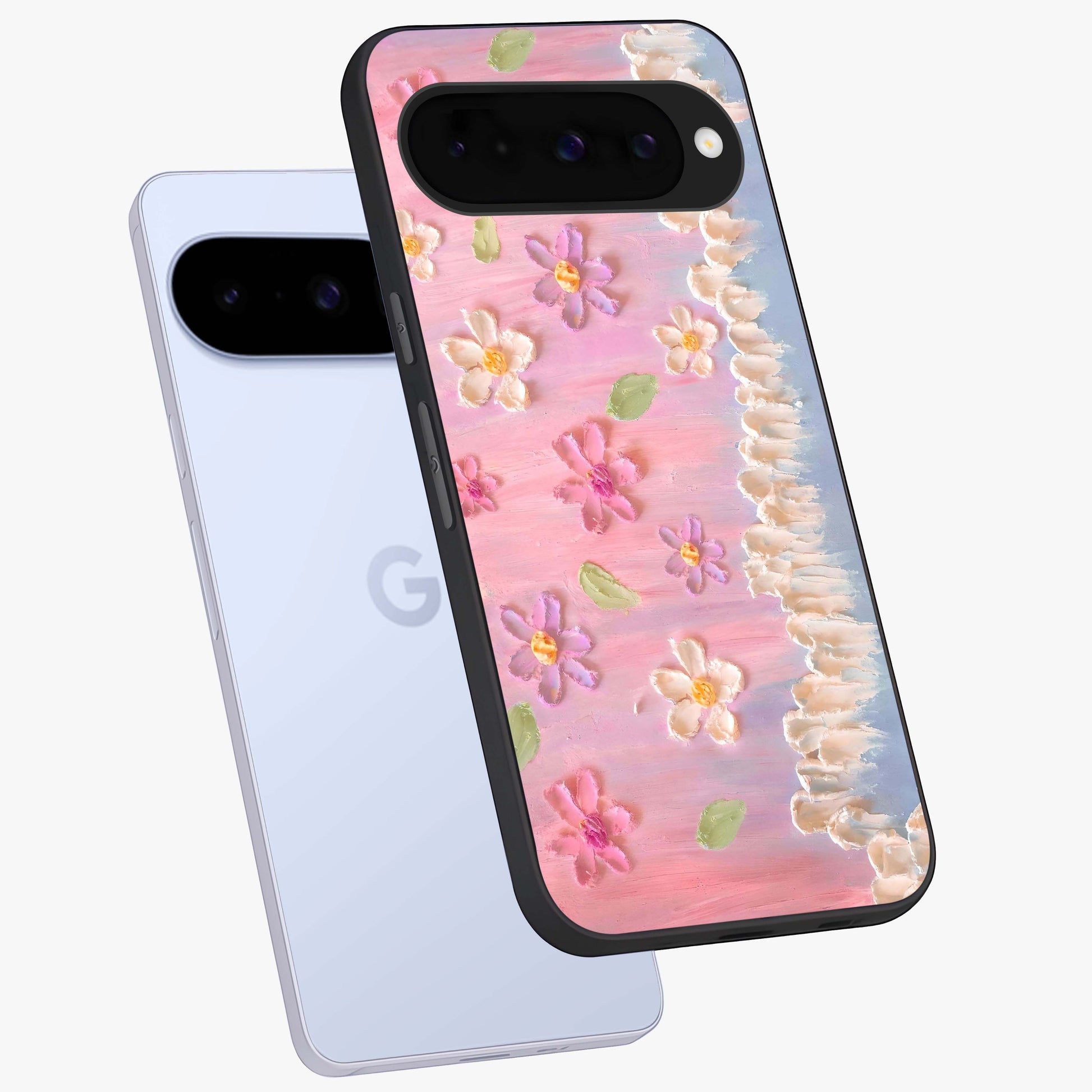 Dreamy Painted Garden Glass Case displayed in angled mockup highlighting colorful garden illustration with dreamy aesthetic style.