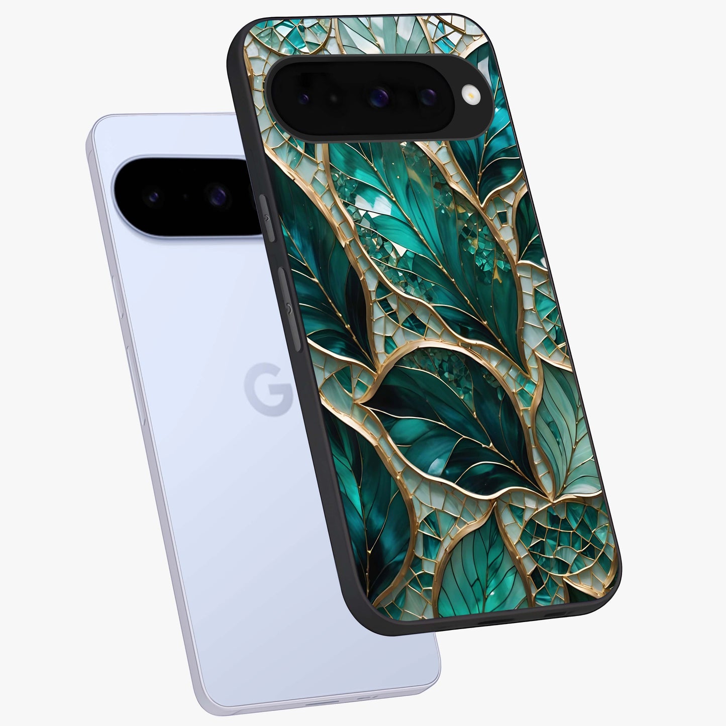 Emerald Leaf Glass Glass Case displayed in angled mockup highlighting botanical leaf illustration with elegant natural aesthetic.
