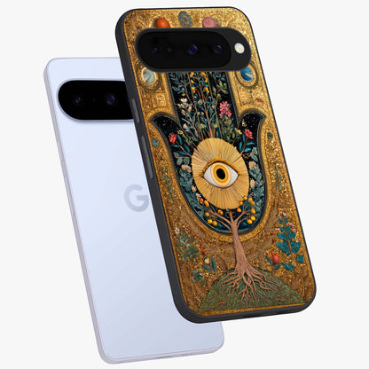 Ethereal Evil Eye Glass Case displayed in angled mockup highlighting protective evil eye symbol with spiritual aesthetic design.