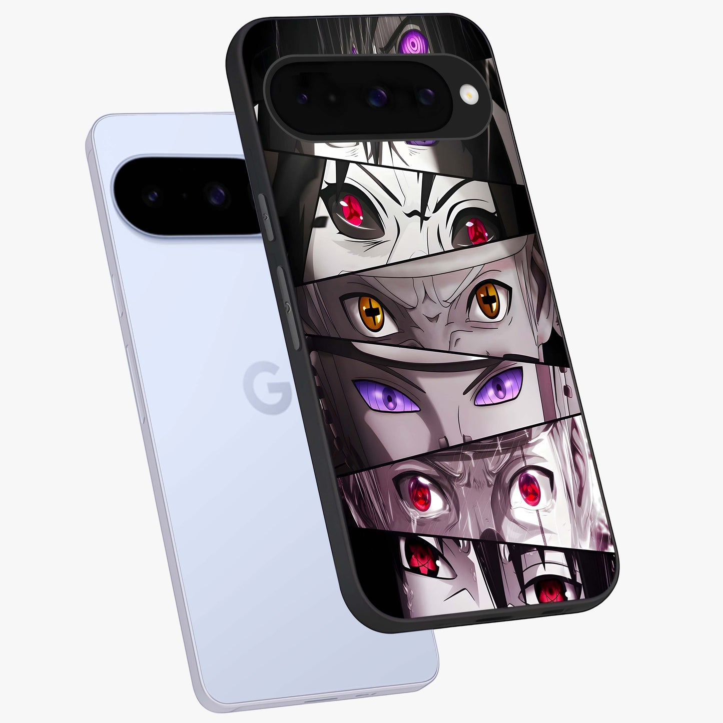 Eyes of Destiny Glass Case displayed in angled mockup highlighting bold eye illustration with mystical aesthetic style.