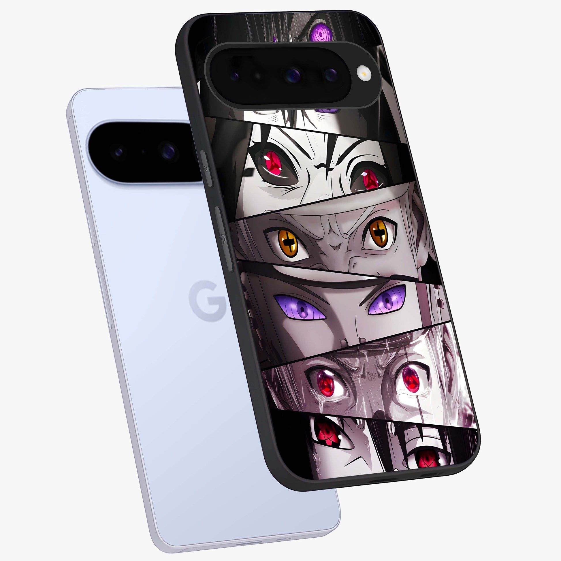 Eyes of Destiny Glass Case displayed in angled mockup highlighting bold eye illustration with mystical aesthetic style.