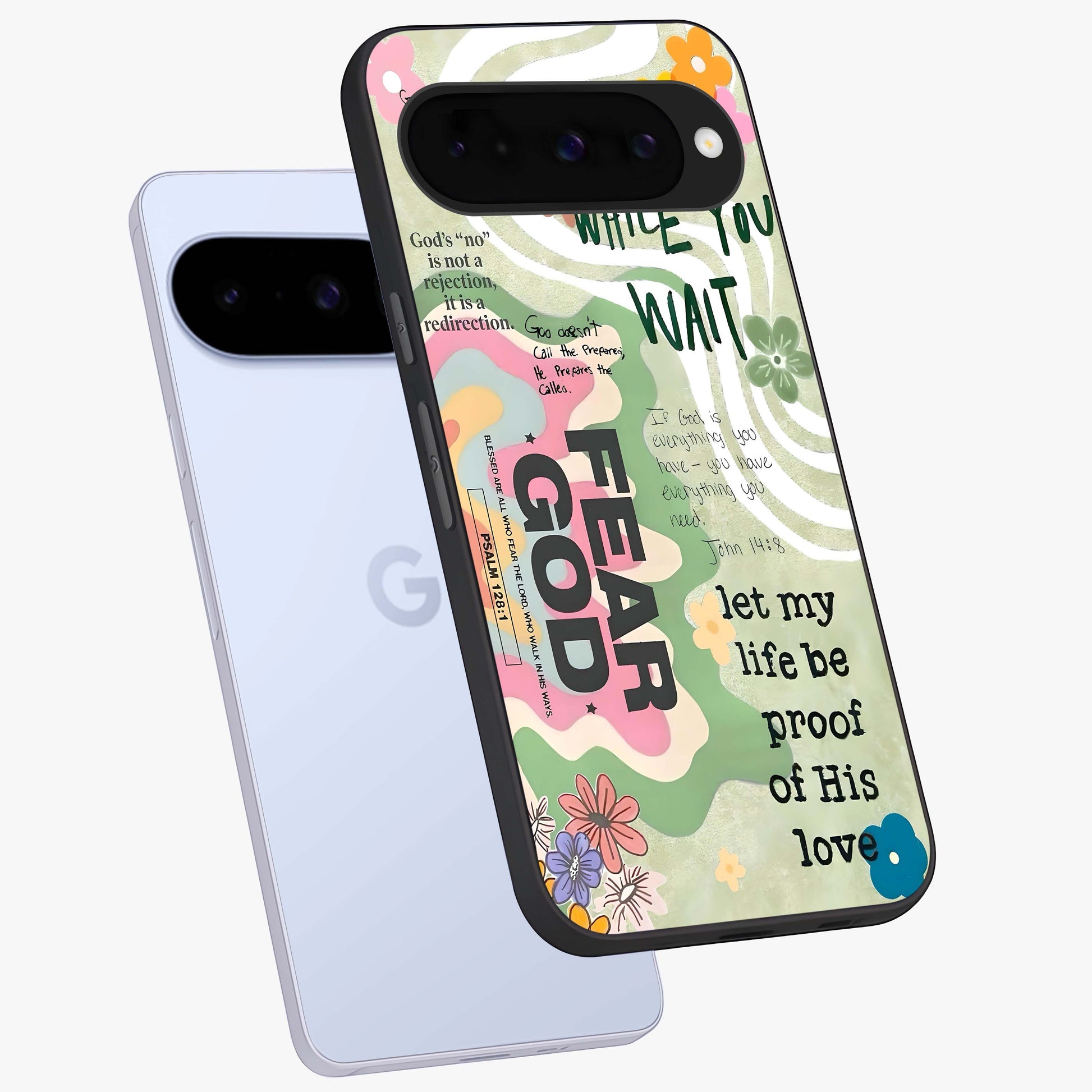 Faith Over Fear Glass Case displayed in angled mockup highlighting inspirational message design with modern aesthetic style.