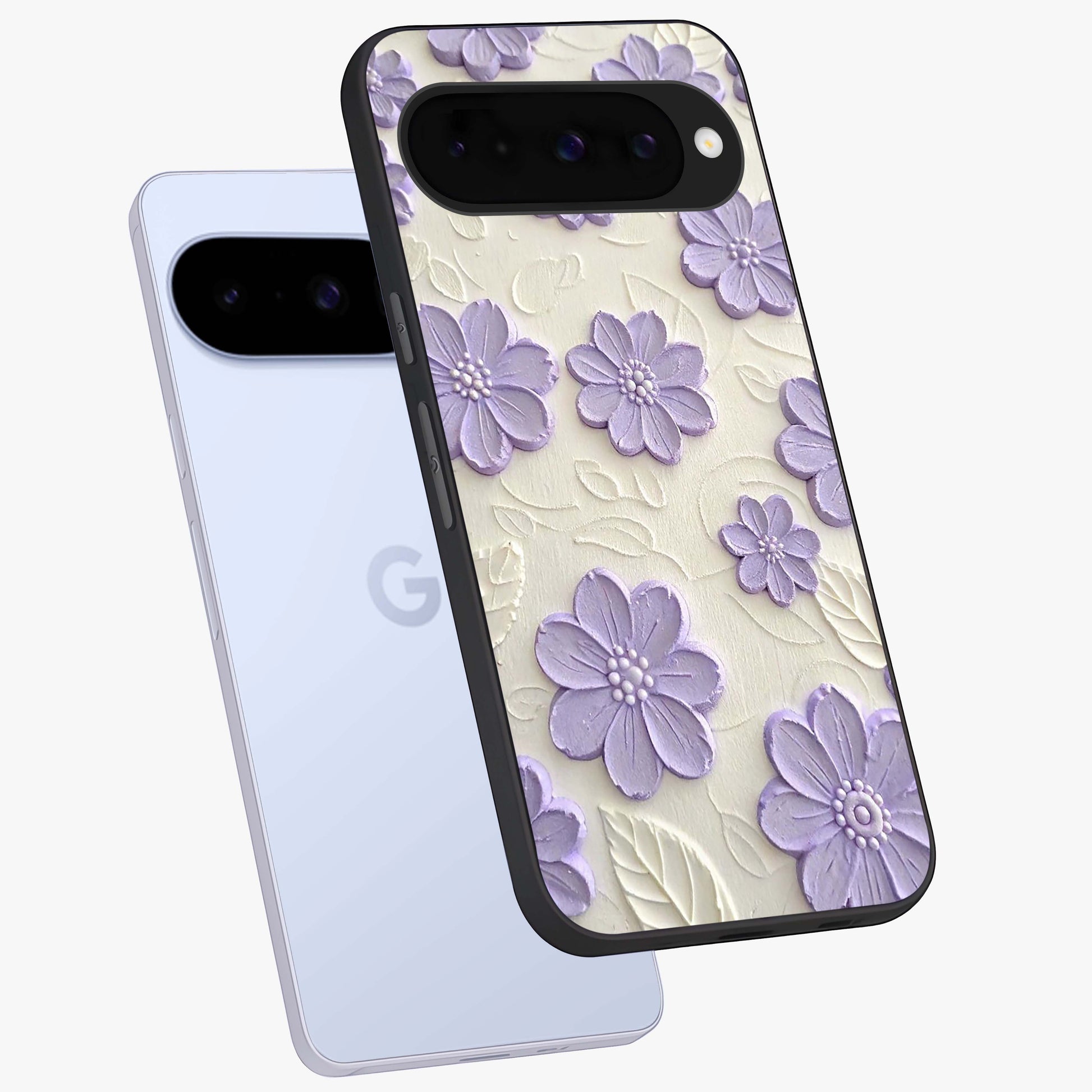Floral Wall Art With Purple Flowers Glass Case displayed in angled mockup highlighting vibrant purple floral illustration with artistic aesthetic.