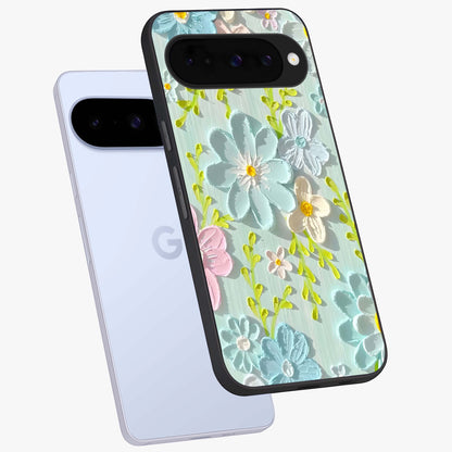 Frosted Petal Garden Glass Case displayed in angled mockup highlighting delicate flower petal design with calm garden aesthetic.