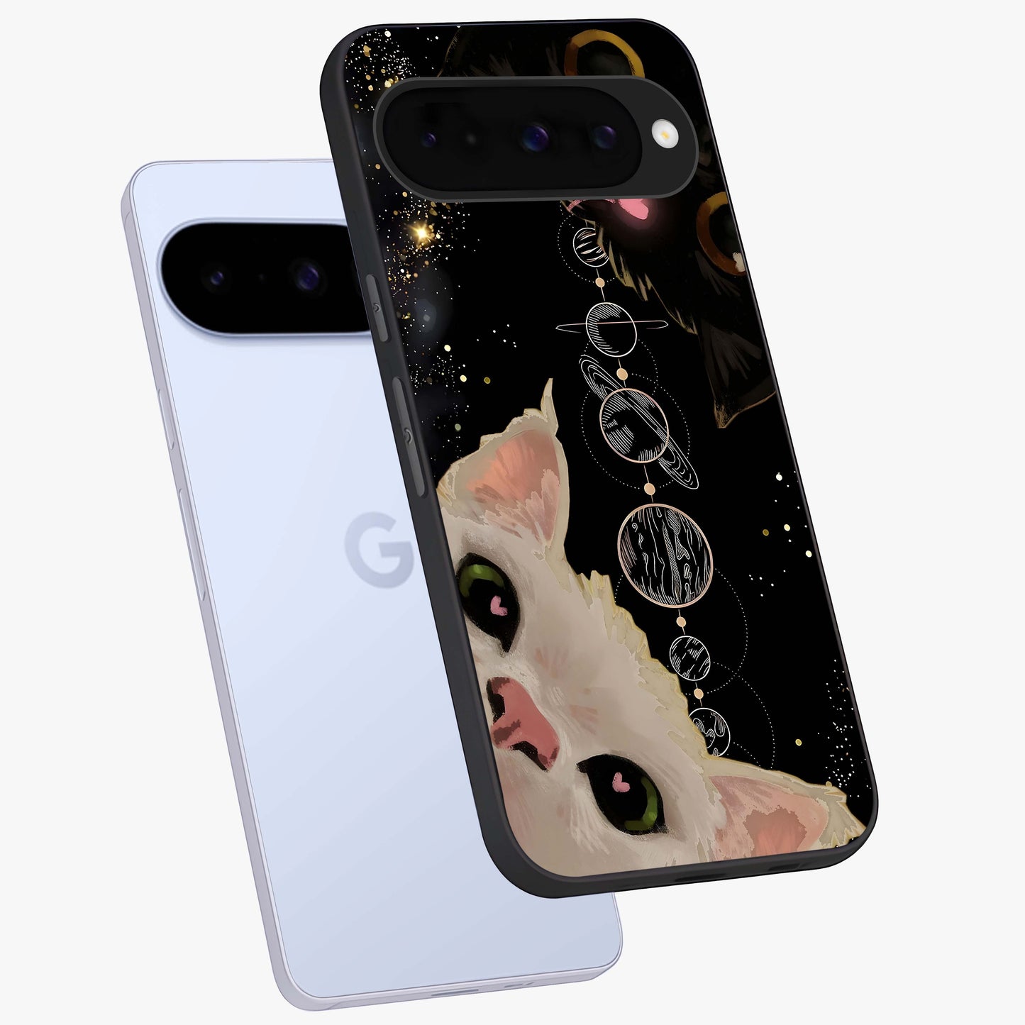 Galactic Cat Glass Case displayed in angled mockup highlighting celestial feline illustration with galaxy aesthetic style.