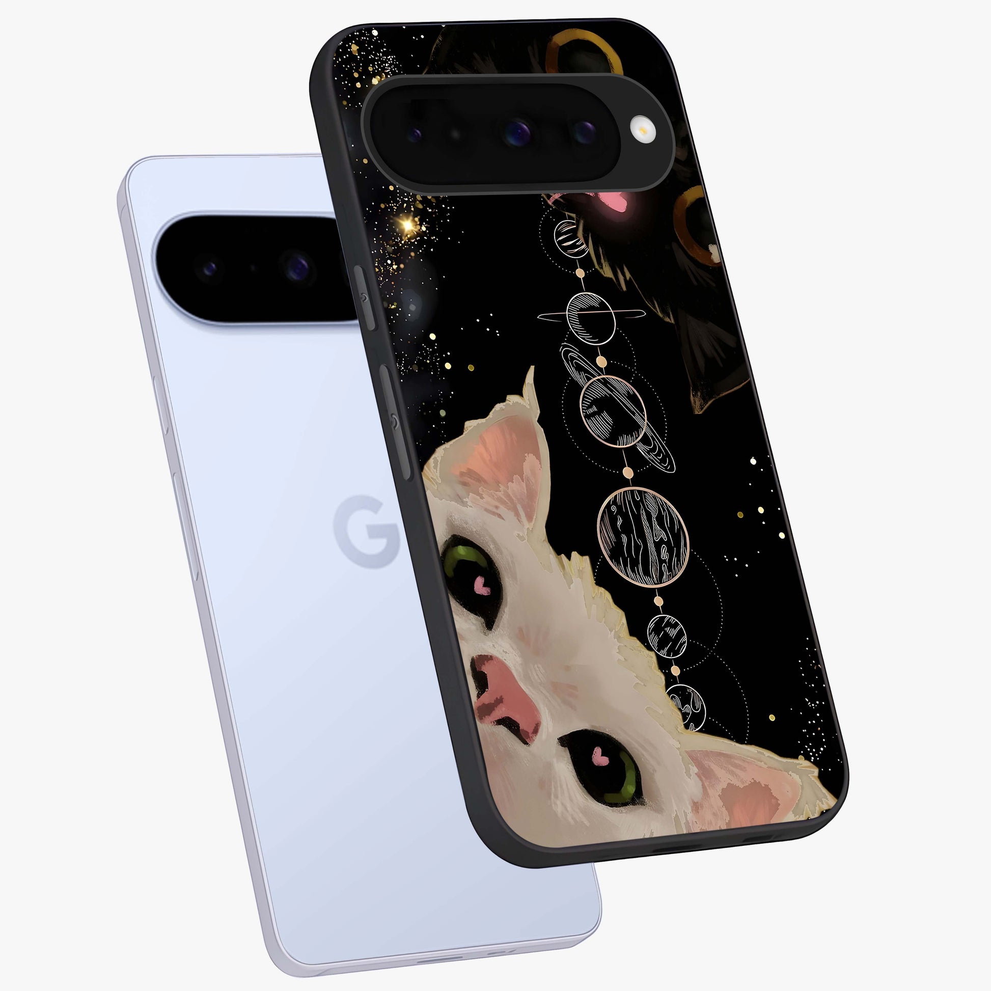Galactic Cat Glass Case displayed in angled mockup highlighting celestial feline illustration with galaxy aesthetic style.