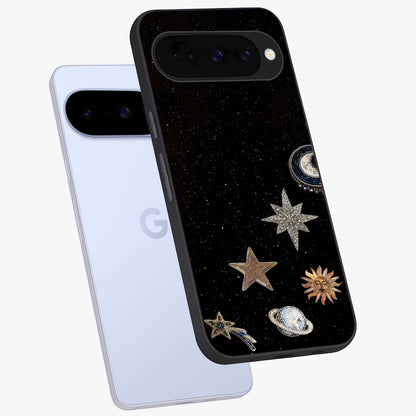 Galactic Charm Glow Glass Case displayed in angled mockup highlighting luminous galaxy inspired design with dreamy aesthetic.