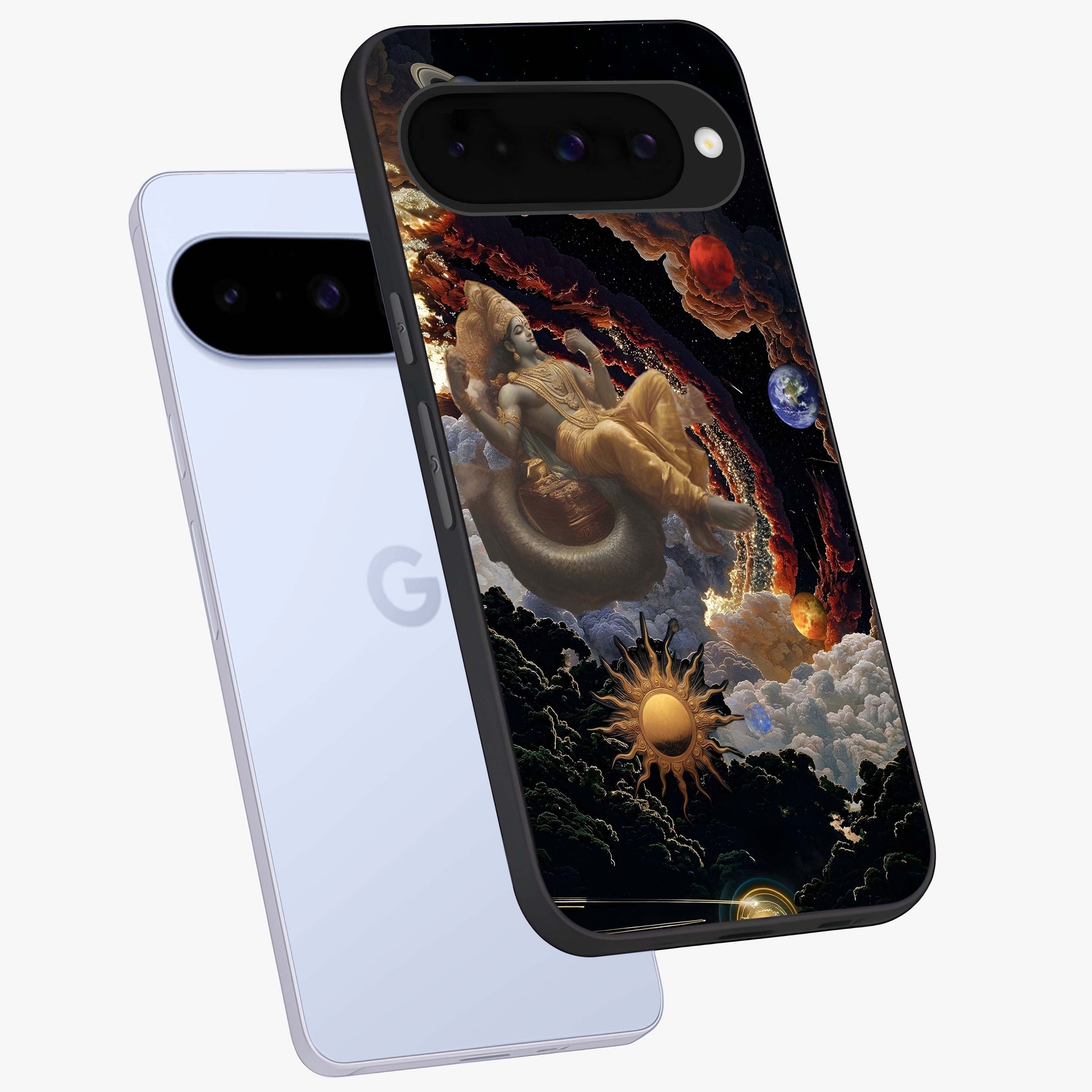 Galactic Divine God Glass Case displayed in angled mockup highlighting powerful celestial deity illustration with galactic aesthetic.