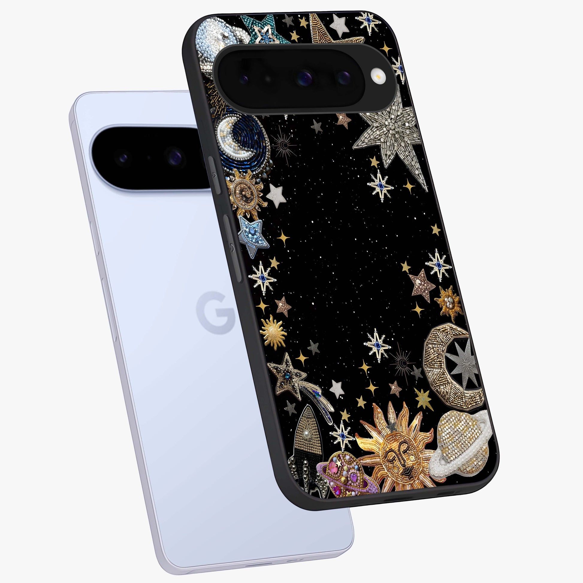 Galactic Jewel Stars Glass Case displayed in angled mockup highlighting shining celestial star design with cosmic aesthetic style.