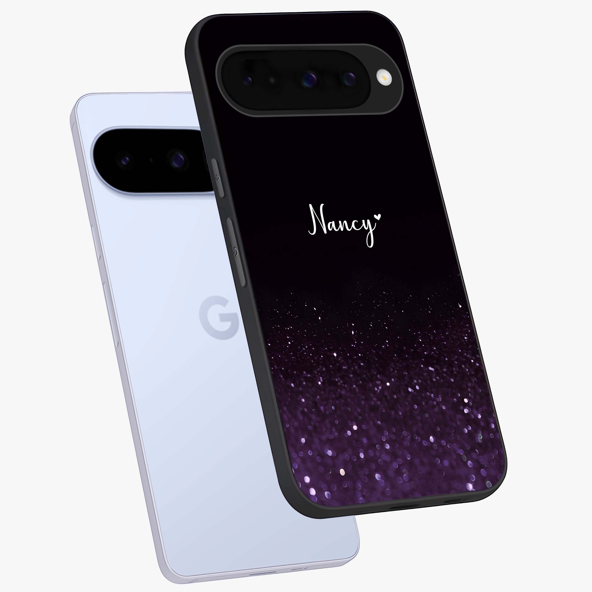 Glittery Purple Bokeh Custom Name Glass Case displayed in angled mockup highlighting glitter bokeh pattern with custom name feature.