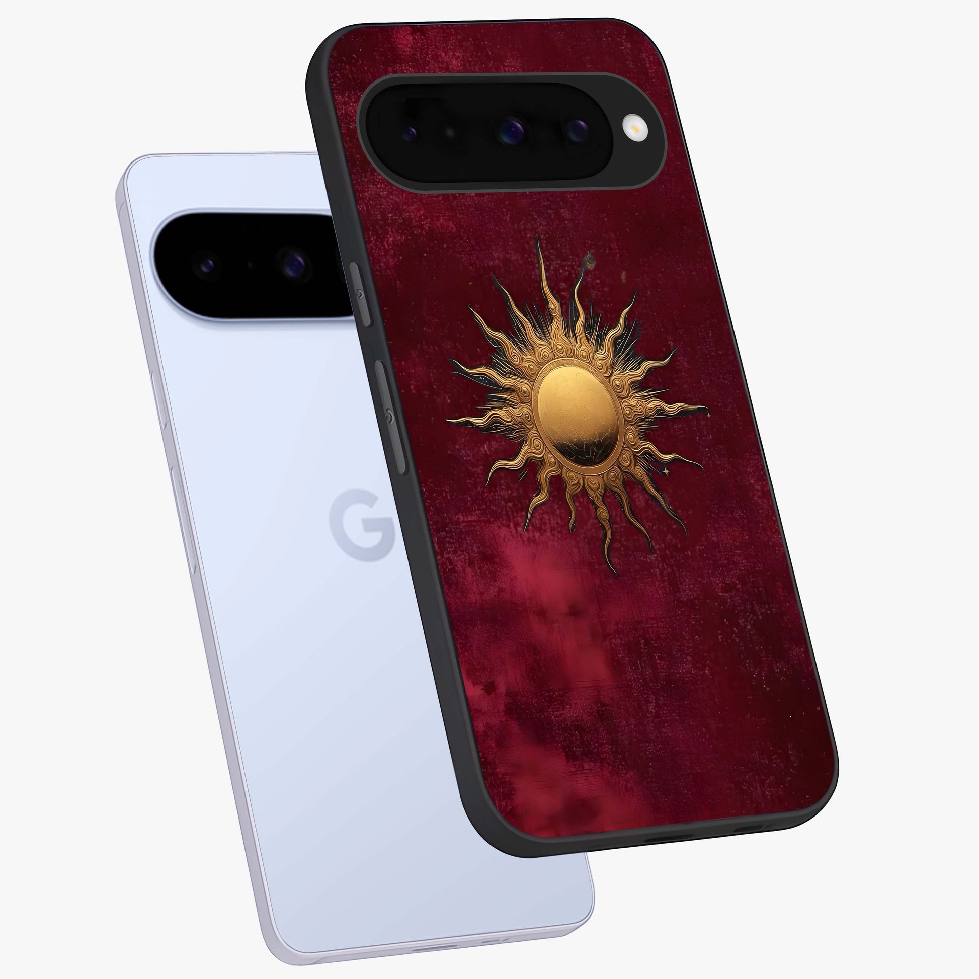 Golden Sun Minimalism Glass Case displayed in angled mockup highlighting clean sun symbol design with modern minimal aesthetic.