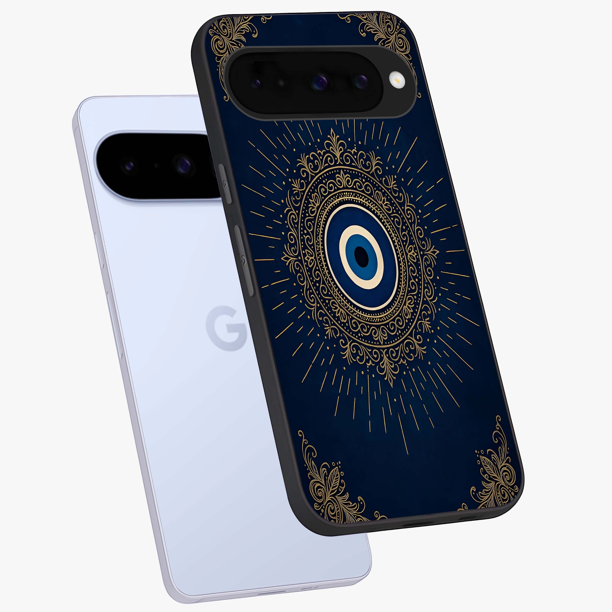 Golden Celestial Charm Glass Case displayed in angled mockup highlighting sparkling cosmic charm design with celestial aesthetic.