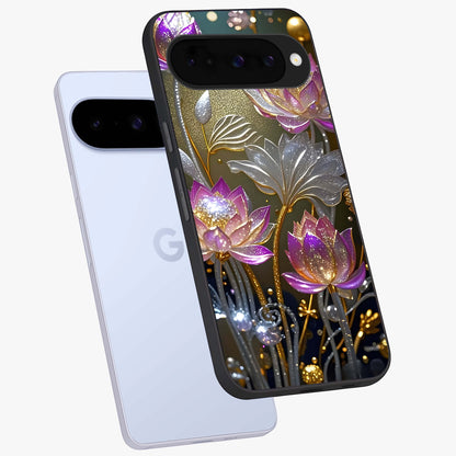 Golden Floral Majesty Glass Case displayed in angled mockup highlighting elegant flower design with royal golden aesthetic.