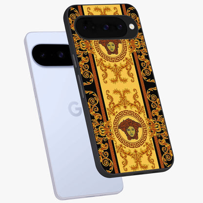 Golden Lotus Glow Glass Case displayed in angled mockup highlighting radiant lotus illustration with spiritual aesthetic.