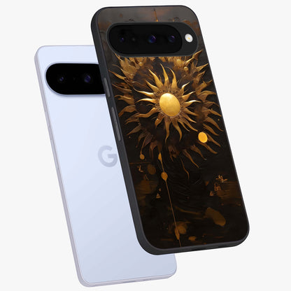 Golden Sun Majesty Glass Case displayed in angled mockup highlighting eerie shadow illustration with gothic aesthetic.