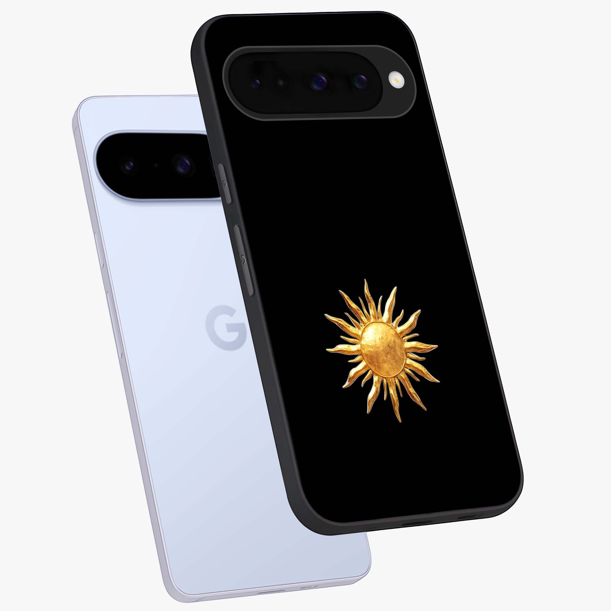 Golden Sun Minimalism Glass Case displayed in angled mockup highlighting eerie shadow illustration with gothic aesthetic.